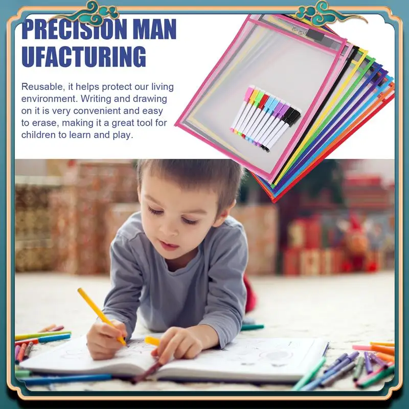 (新品)-ドライイレースポケットスリーブ、(10パック) A4用紙ジョブチケットホルダー、教室用ワークシート用の再利用可能なドライイレースシート