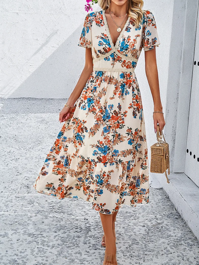 

Summer Casual Holiday Printed Dress Fashionable V-neck Bohemian Style Long Dresses 2024 New Elegant Beach Dresses for Women