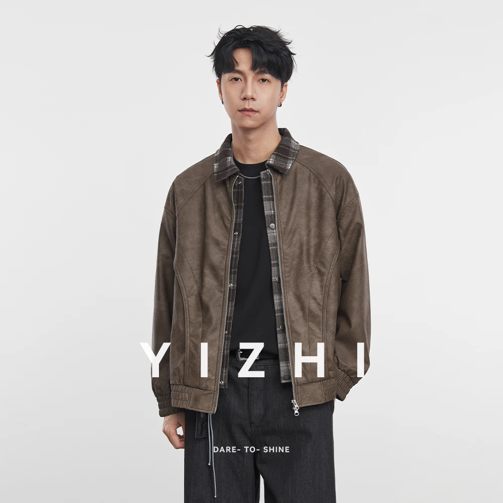 

Fashion Men's Fake Two-piece Lapel Pu Leather Jacket 2025 Spring and Autumn New American Retro Leather Coat Men's Jacket