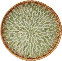 Round Rattan Tray with Mother of Pearl Inlay Rattan Serving Tray Wooden Base Storage and Display of Coffee Bread Food Fruit