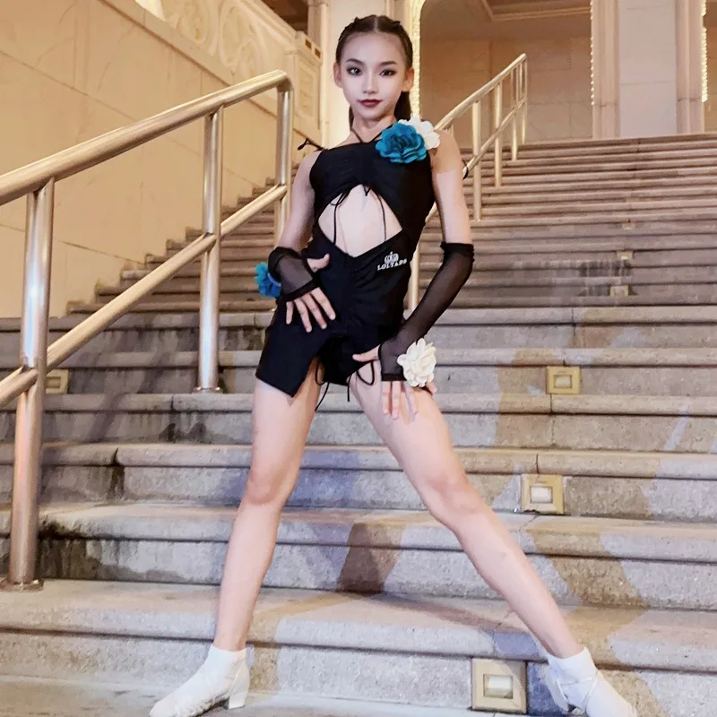 

Костюм для латинских танцев по индивидуальному заказу, тренировочное платье, платье для профессиональных соревнований для девочек, комбинированный комплект с черным цветком