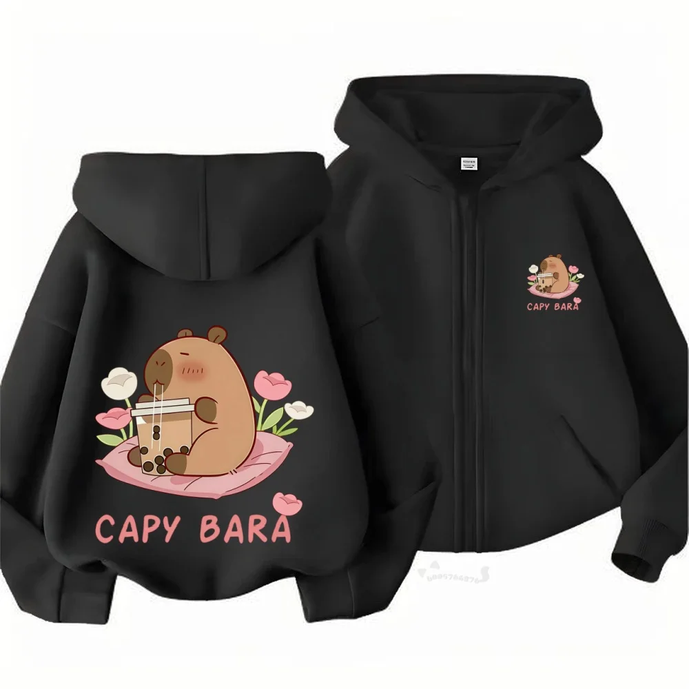 Children's zipper styleBuffalo Juice children's hooded sweatshirt-Large-sized children's casual zipper hoodie with flowers on it