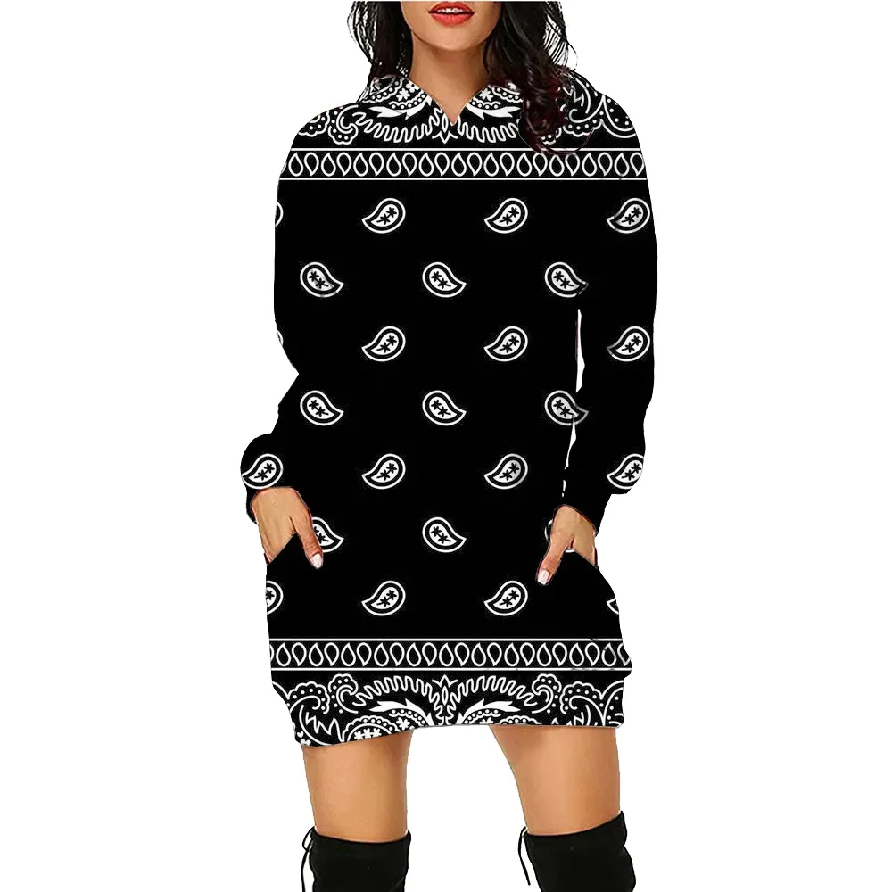 Bohemia Printed Hoodie Dress Vintage Women's Face Daily Workout Hoodie Long Sleeve Pullover Autumn Winter Loose Tee Traf Vestido