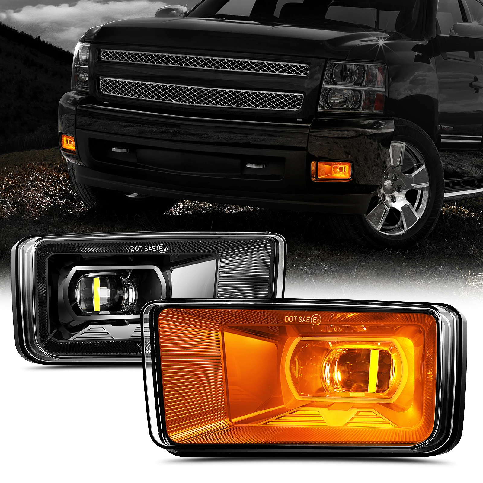 Rectangular with Amber DRL for Chevy Silverado 1500/2500HD 3500HD 2007-2014 Avalanche Suburban Tahoe LED Fog Lights