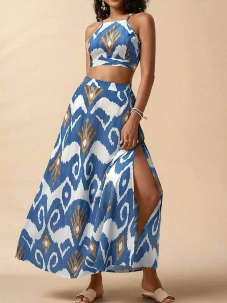 

Swimwear Slit Skirt Cover-up 2 Piece Set Women Crop Tops And Long Skirt Bathing Suit Fashion Print Sexy Beach Cover Up Outfits