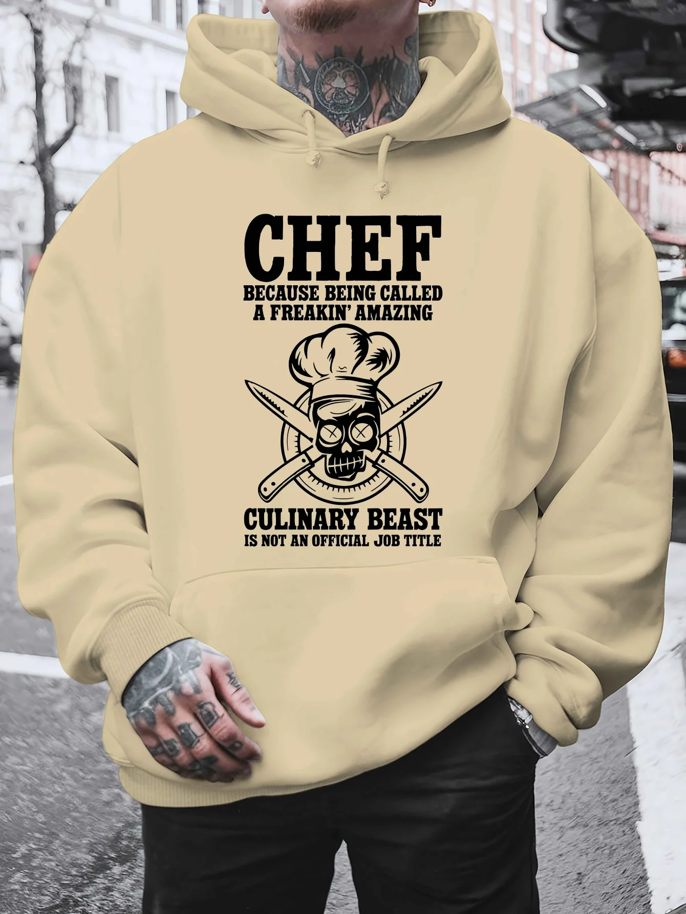 Chef Letter Print Men Hooded Sweatshirt Autumn and Winter Daily Outdoor Sports Loose All Build Fitness Casual Warm Street Style