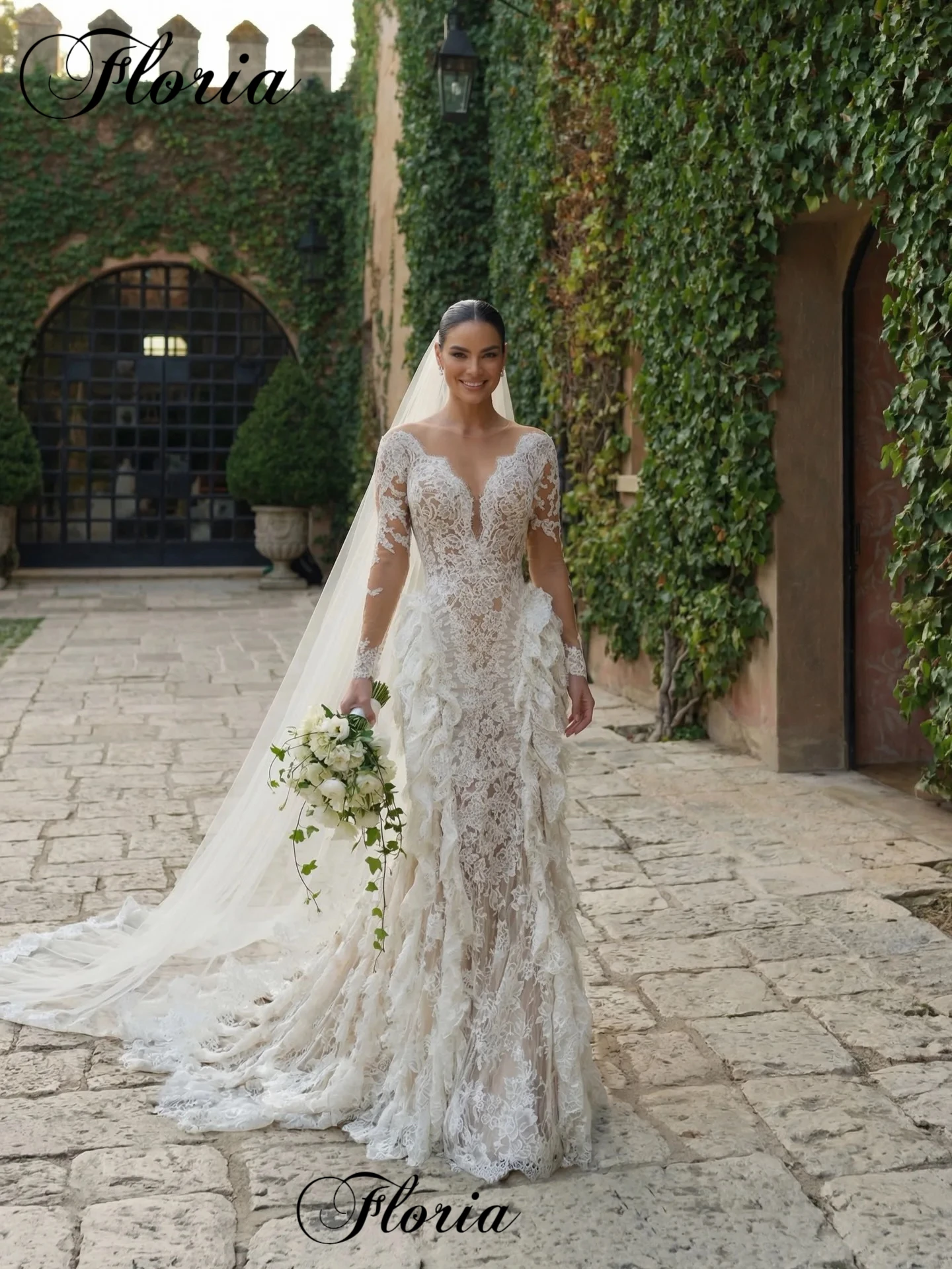 Country Ivory Lace Wedding Dresses Mermaid Sheer Neck Wedding Gowns Elegant Vestidos De Novia Long Sleeve Brides Gown Customized