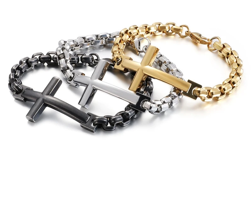 

2pcs Personality 316L Stainless Steel Cross Tennis Figaro Cuban Chain Bracelets Black Rainbow Cuff Bangles Men Fashion Jewelry