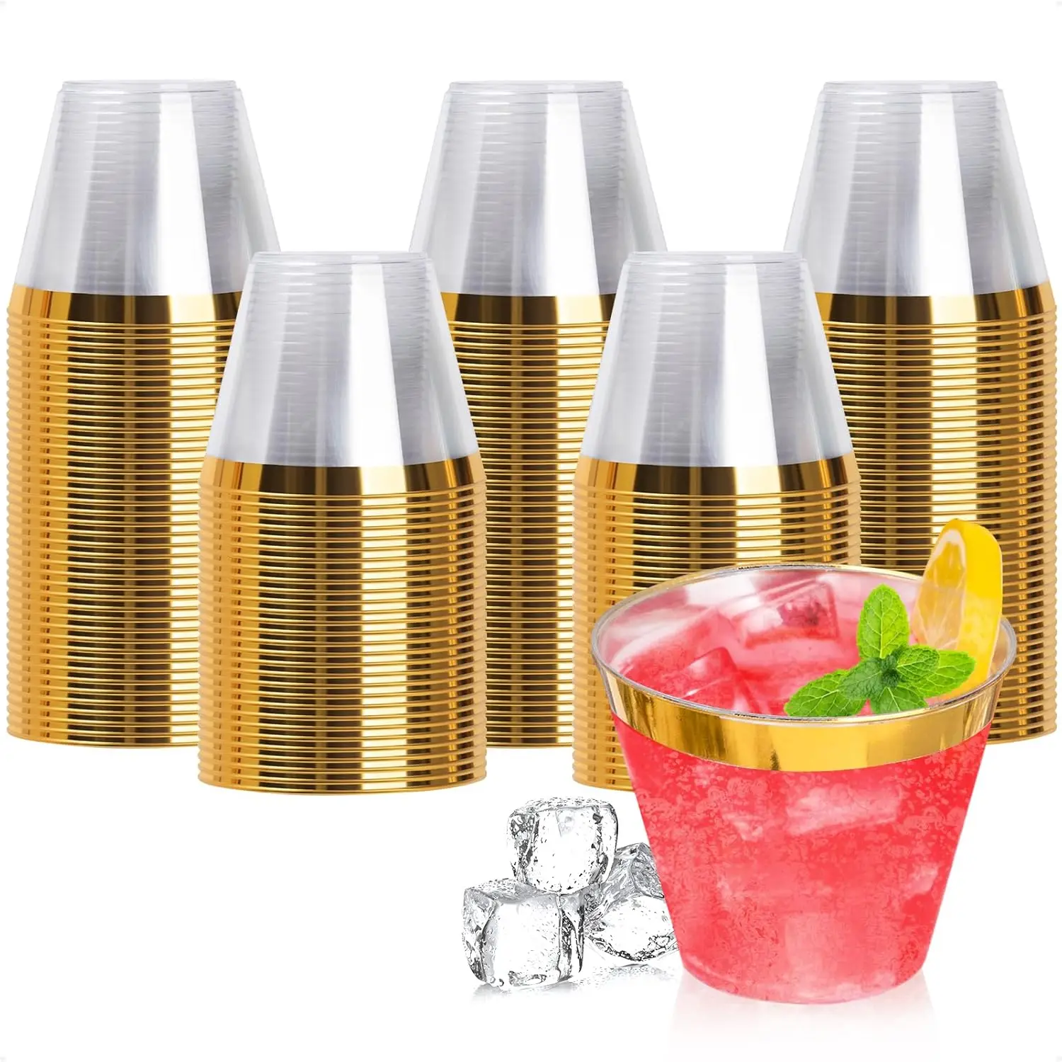 

200PCS 9oz Gold Plastic Cups for Party, Disposable Gold Rim Cups, Plastic Cocktail Glasses for Wedding Thanksgiving, Chr