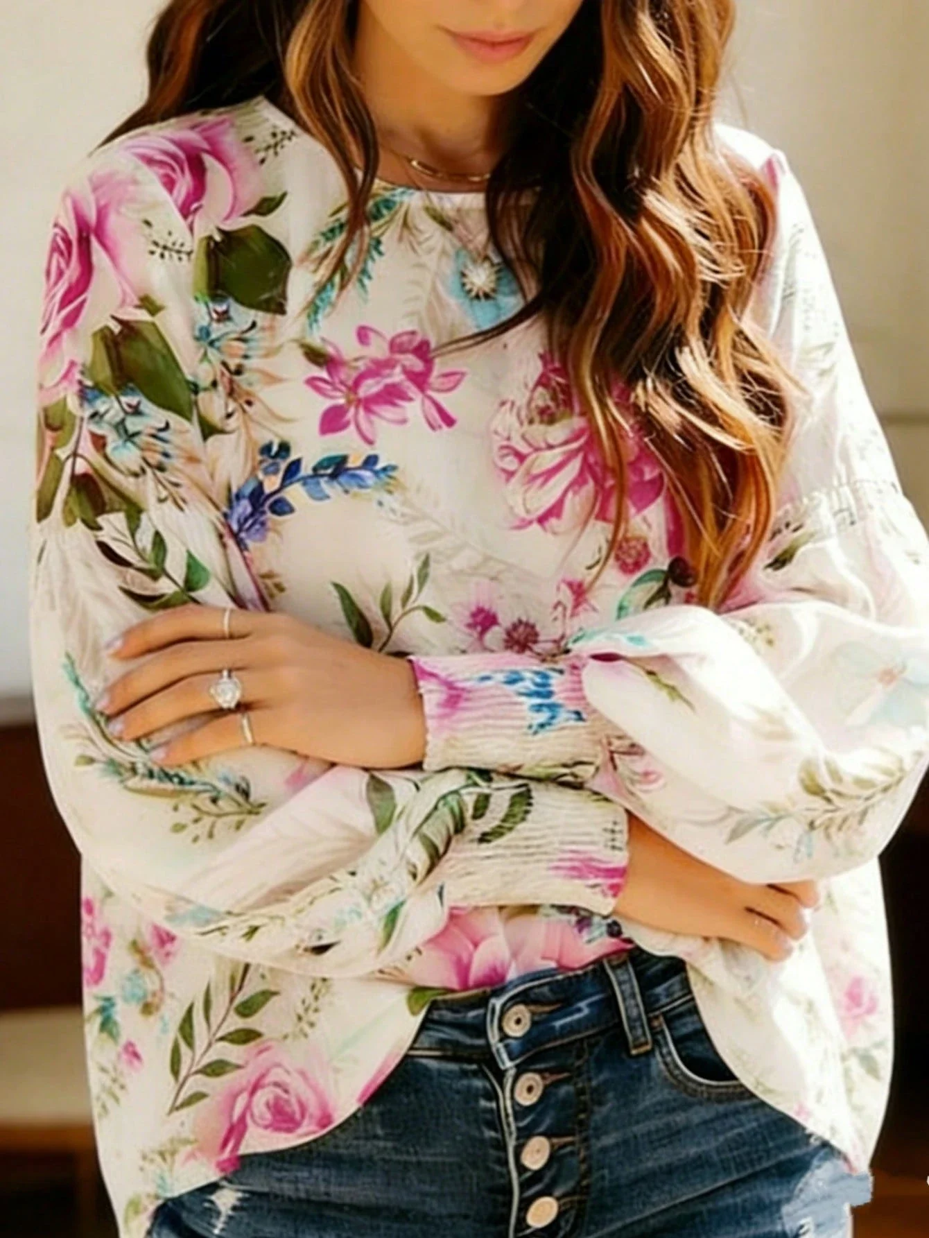 

Floral Print Round Neck Lantern Sleeve Loose Blouse For Women Spring Vacation