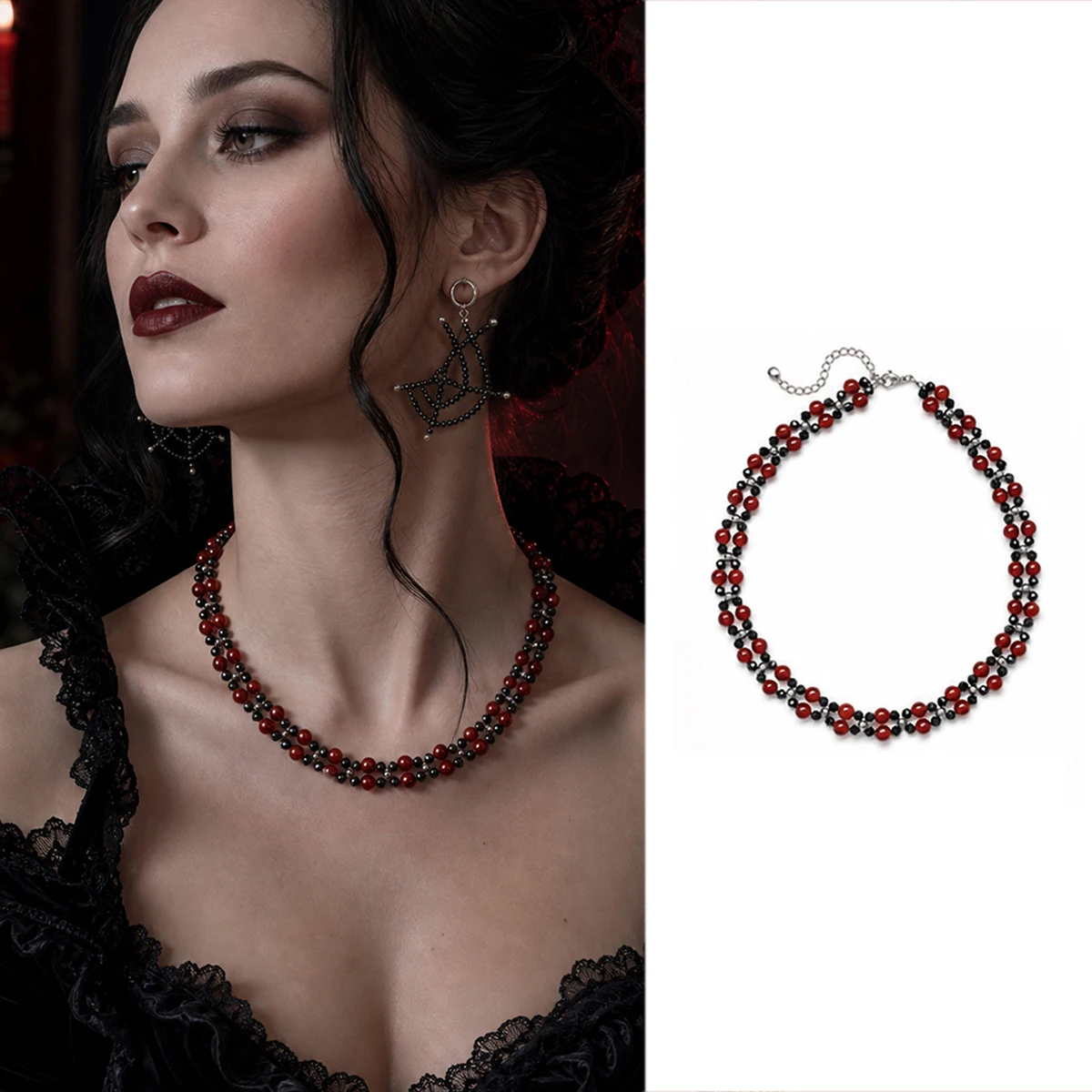 Gothic Black Spinel & Red Onyx Necklace, Halloween Gift
