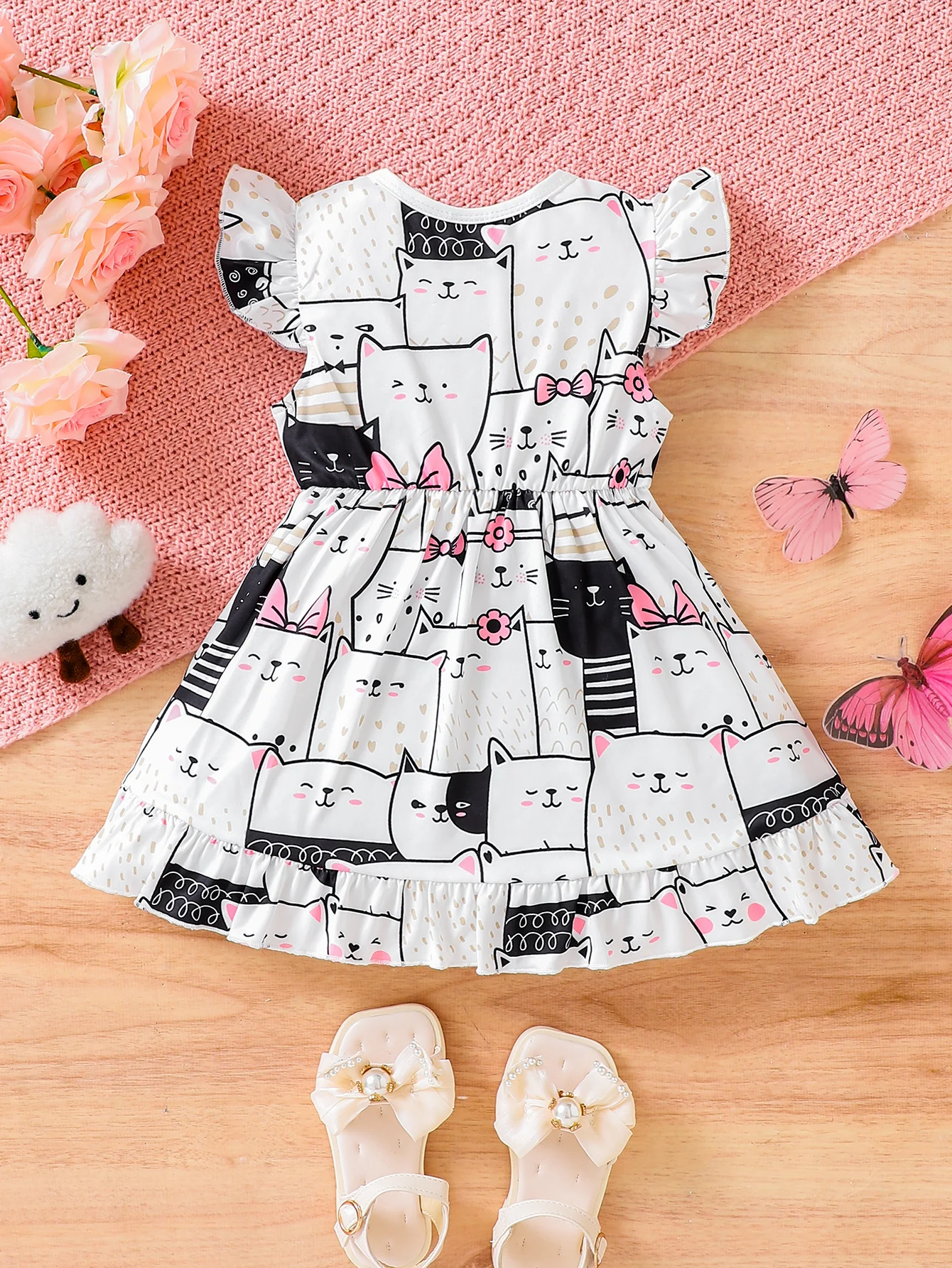 Summer Girls' Cat Print Dress with Fairy Wings And Double Bowknot Waist Princess Skirt Cute And Fun Children's Clothing
