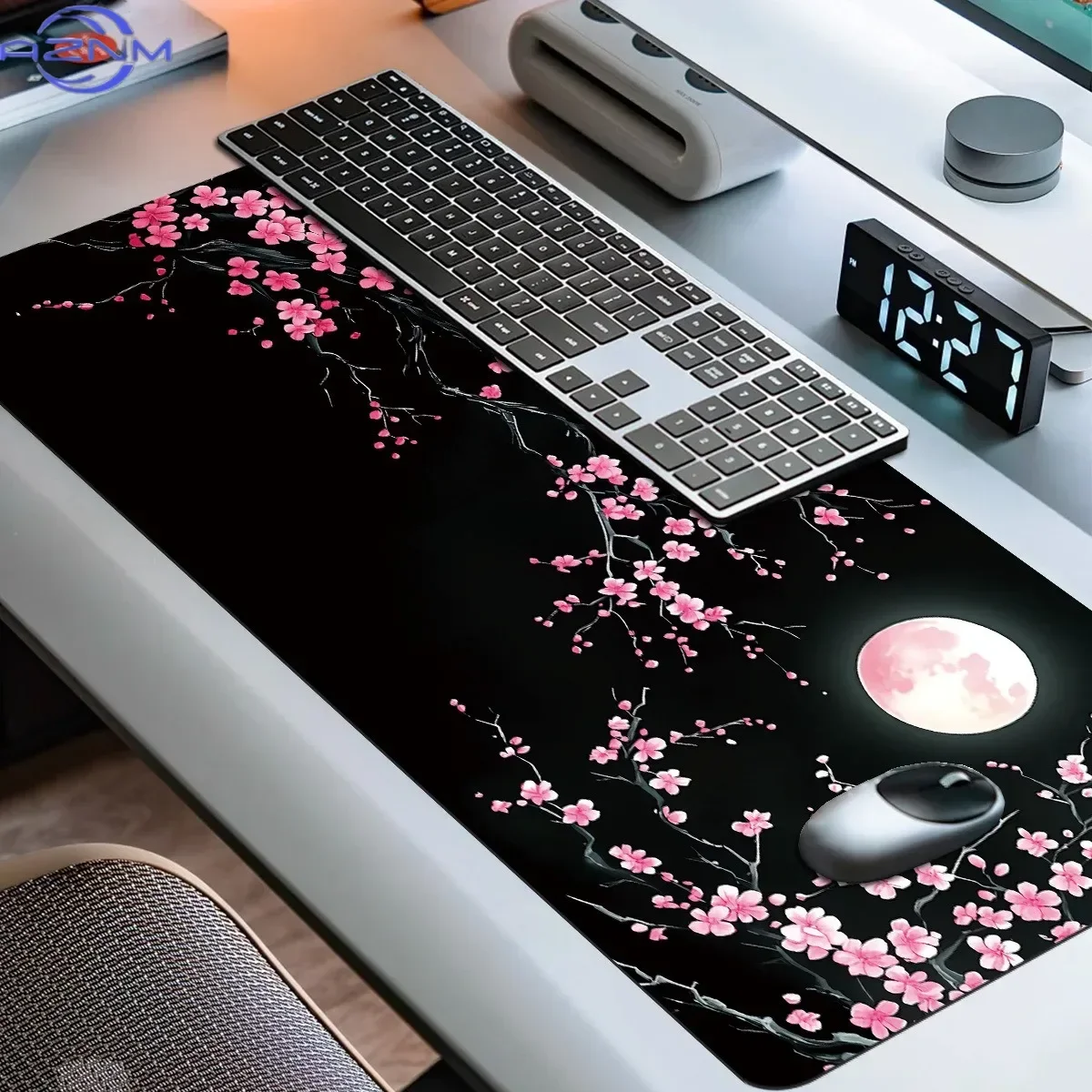Pink Cherry Blossom Full Moon Large Mouse Pad, Black Background Japanese Sakura Art Waterproof Non-Slip Stitched