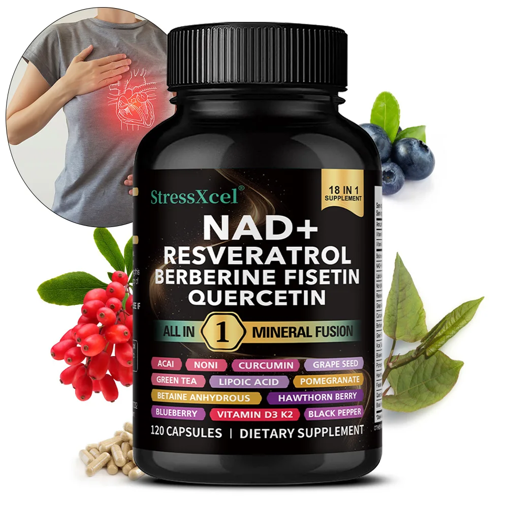 NAD+ Supplement with Resveratrol Quercetin Berberine, Boost NAD Levels, Anti-Aging, Cellular Energy & Heart Health, Antioxidant