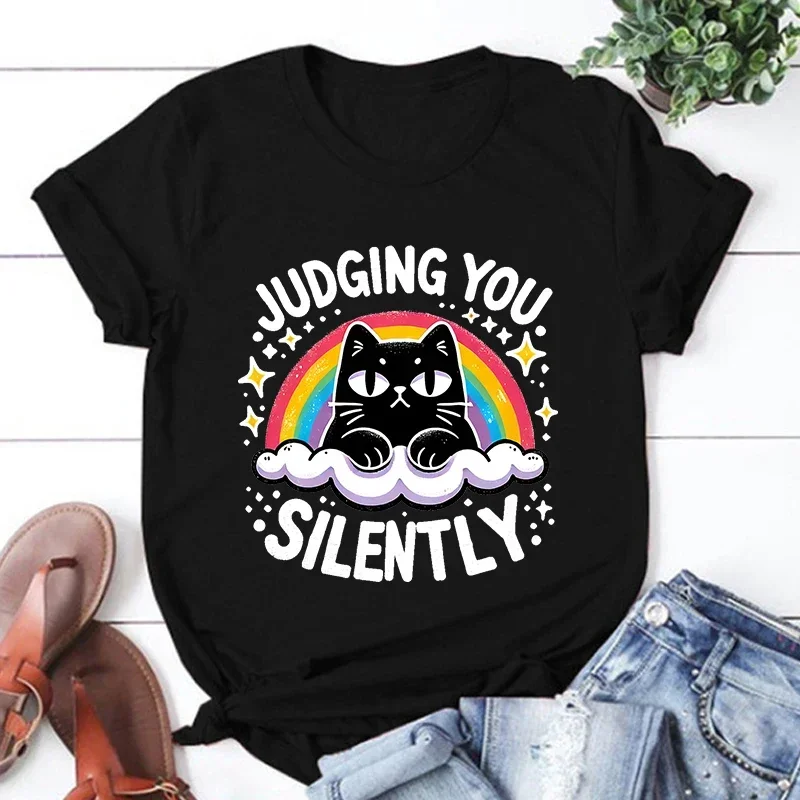 

Новая бесшумная футболка Cat Judging You для женщин, повседневная индивидуальная модная футболка с круглым вырезом и короткими рукавами