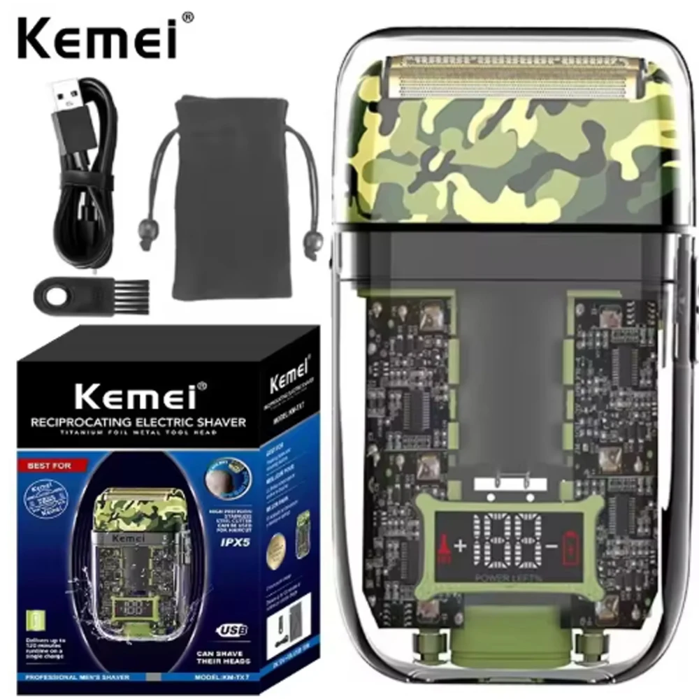 

Komei KM-TX7 Waterproof LCD Electric Shaver USB Rechargeable Camouflage Transparent Body Men's Electric Shaver