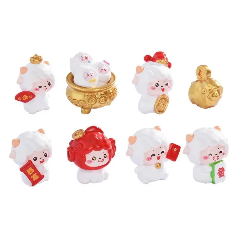 1/8Pcs Cute Lucky Sheep Mini Figurine 2027 New Year Fortune Lamb Ornament Car Dashboard Desktop Decor DIY Micro Landscape Gift
