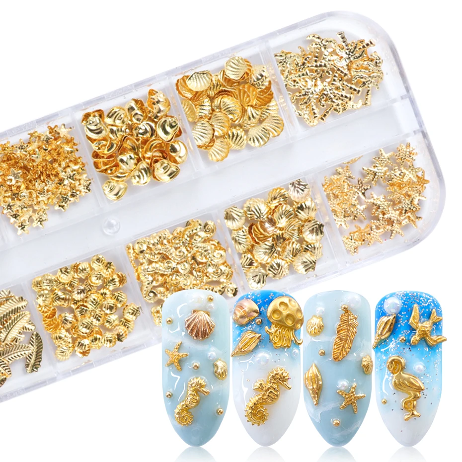 12 Grids Gold Nail Art Alloy Studs Seaside 3D Decorations Sea Shell Star Nail Charm Metal Frame Rivets Nail Sequin Accessories