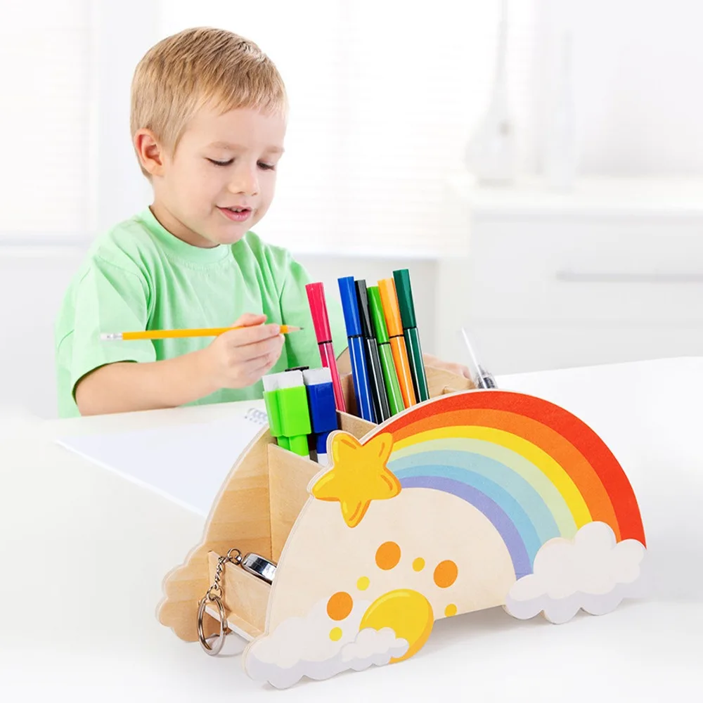New Cloud Rainbow Pen Holder Large Capacity Cute Cartoon Wooden Pen Holder Toy Stationery Desktop Ornaments Student Supplies