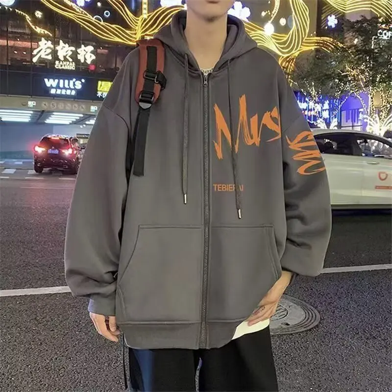 

New Sweater Hong Kong Style Loose Simple Hooded Sweater Cardigan Men and Women The Same Style Handsome Versatile