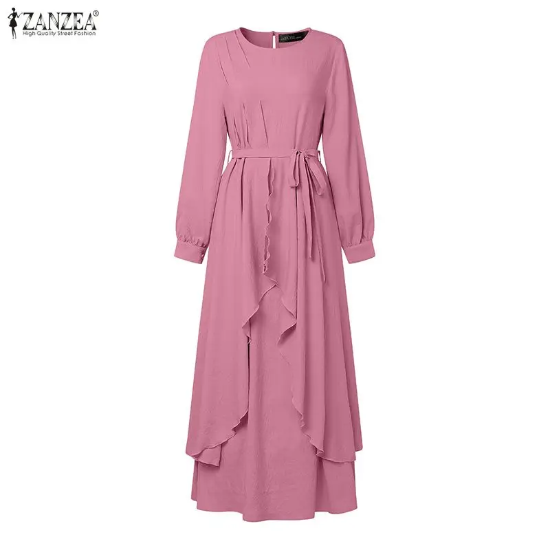 

Женское скромное многослойное длинное платье с завязками на талии, с круглым вырезом и рукавами-фонариками, макси-платье ZANZEA, мусульманское платье-хиджаб для Рамадана и Ид, абайя, размеры S-3XL