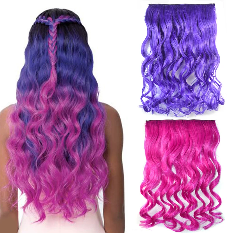 22inch Synthetic Clip On Hair Extensions Natural Rainbow Hairpieces 5 Clips in One Piece Hair Multi Colorful Body Wavy Hairpiece