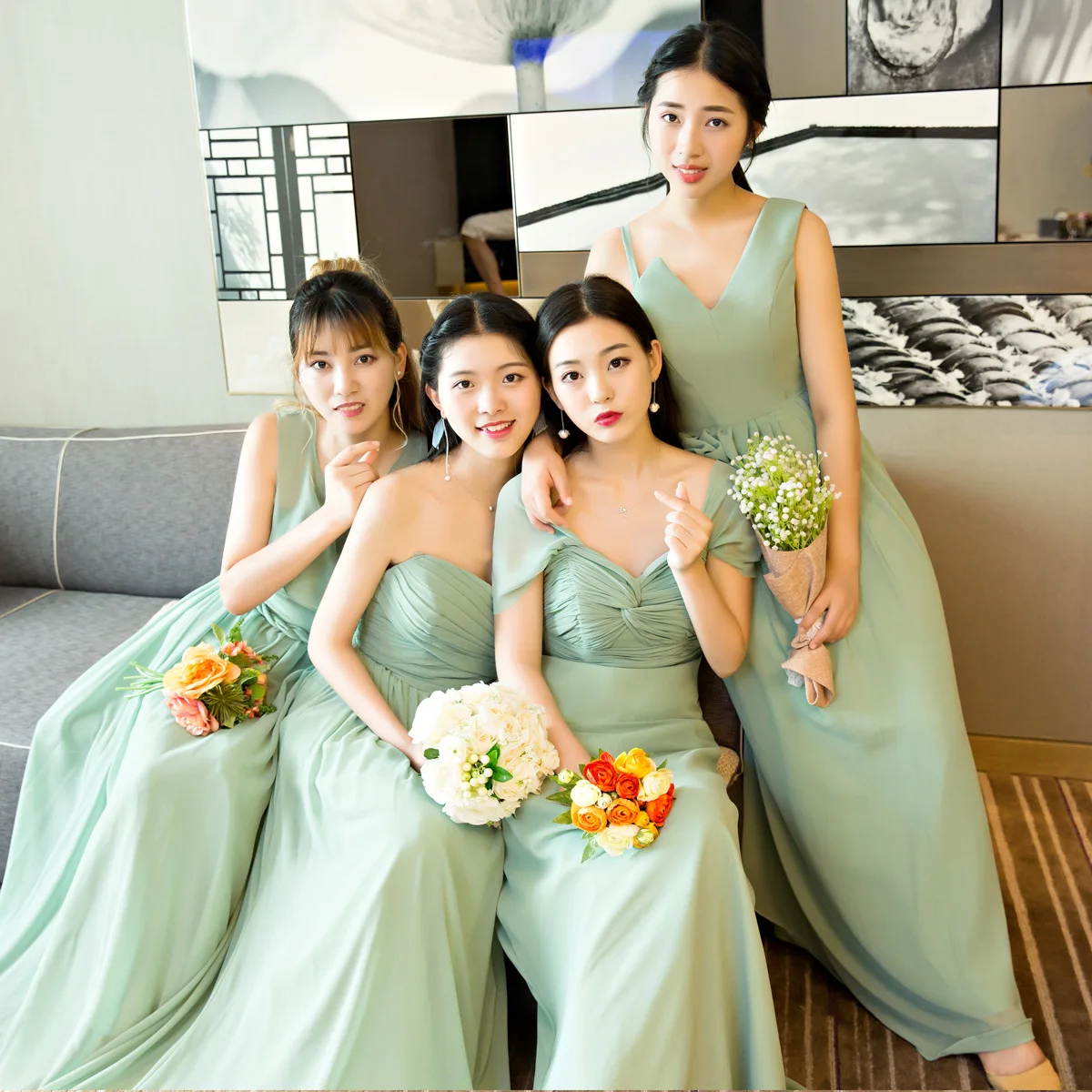 Long Chiffon Bridesmaid Dresses Simple Mint Green Formal Party Prom Dresses A-Line Vestido De Festa De Casamen Custom Made Color