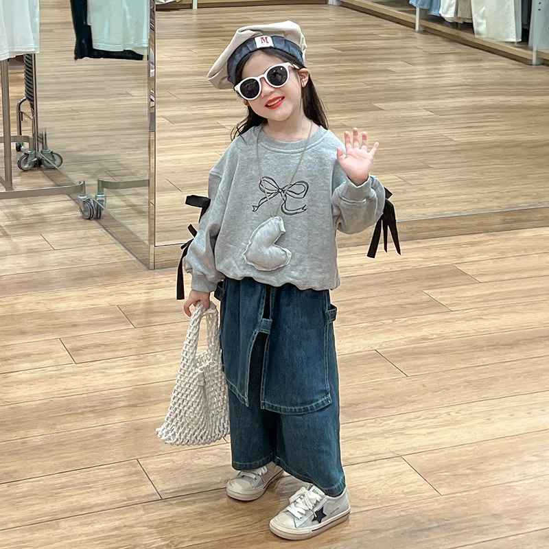 Childrens Clothing Set 2025 Autumn Girls O-neck Top Designable Denim Wide Leg Pants Set Trend Kids Clothes Girls