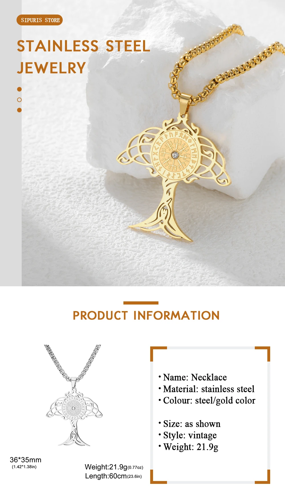 Sipuris Baum des Lebens Kompass-Anhänger Halskette Edelstahl Kastenkette Goldener Choker Charm Amulett Halskette Schmuck Geschenke – Detail 3