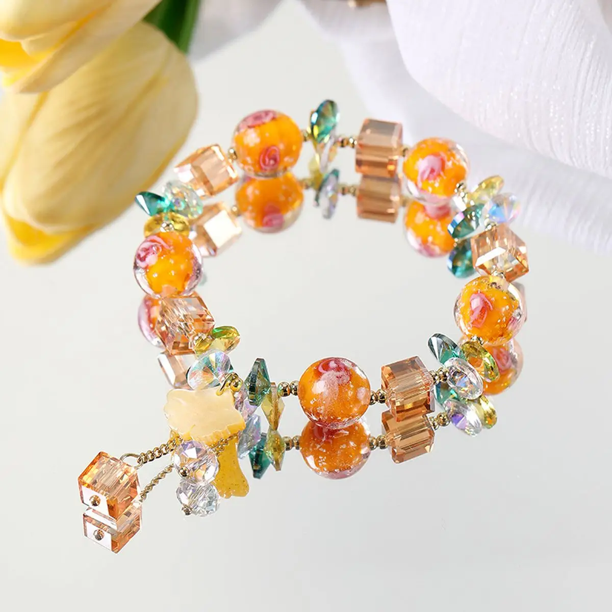 CARLIDANA New Crystal Bead Bracelet Orange Crystal Powder Crystal Blossom Fashion Simple Versatile Bracelet for Women Jewelry