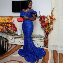 Sparkly Sequins Mermaid Prom Dress Off Shoulder Beaded Formal Evening Party Gowns Sleeveless Women Customized vestidos de noche