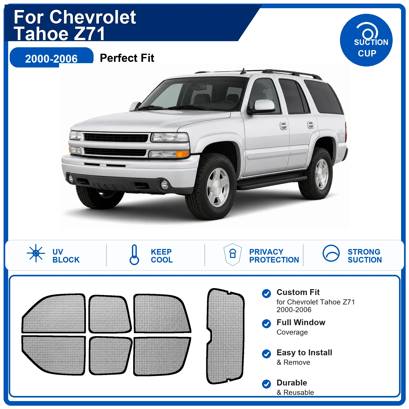 For Chevrolet Tahoe Z71 2000-2006 Custom Full Set Windshield Sun Shade Aluminum Foil Heat Insulation Anti UV Foldable