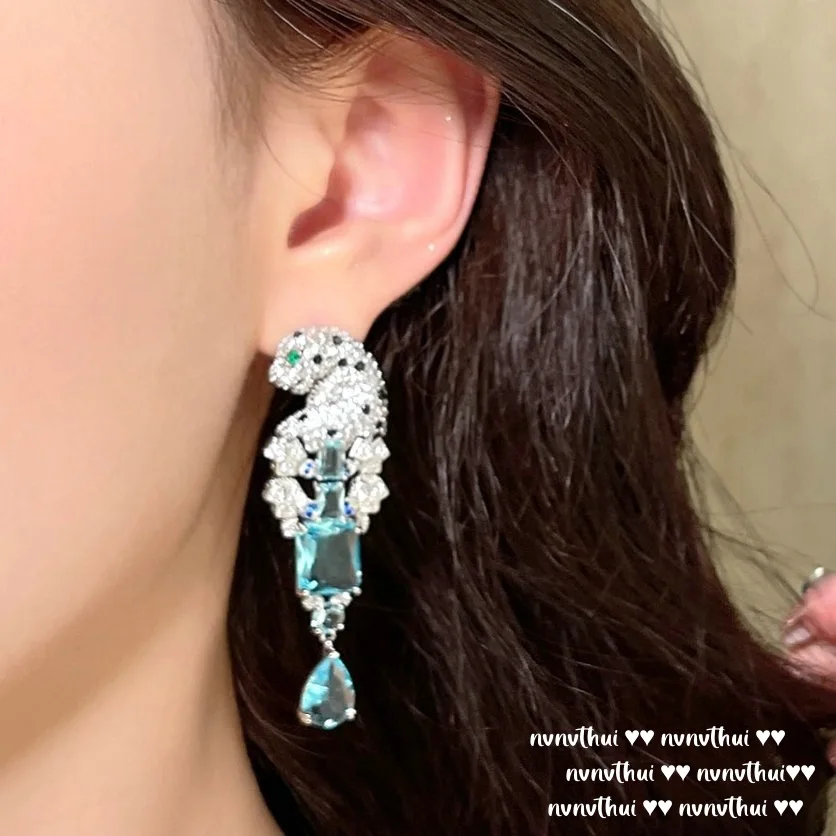 Luxury Temperament Women\'s 925 Silver Drop Earrings Paved Sea Blue CZ Leopard Dangle Earrings Delicate Wedding Animal Jewelry