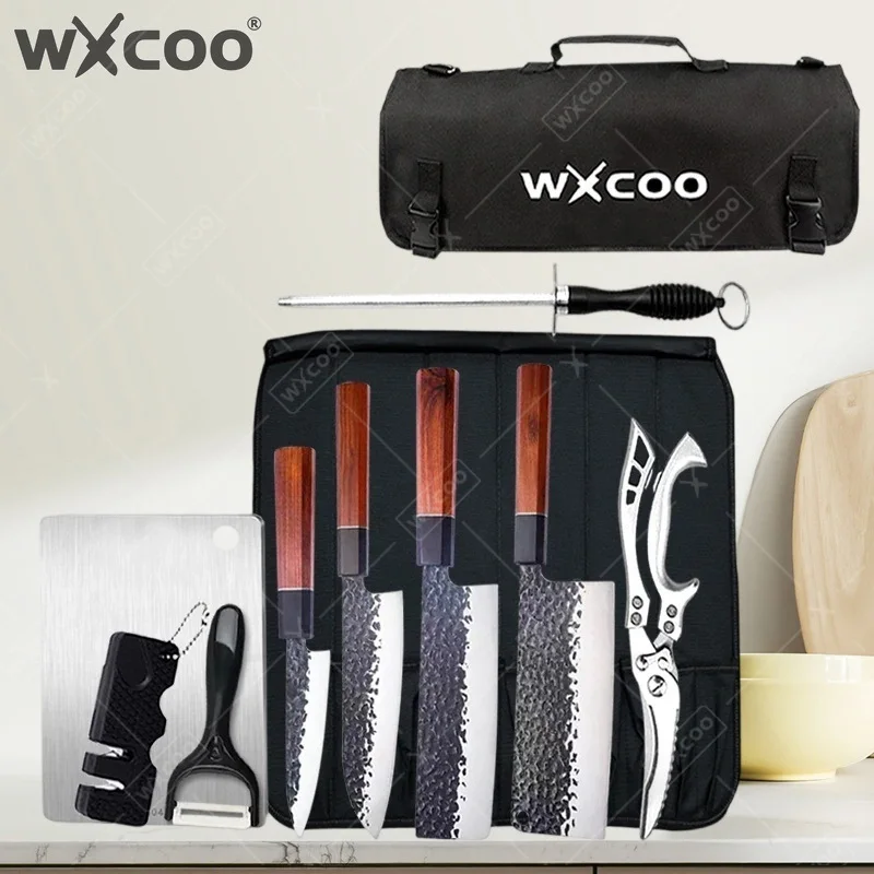 WXCOO Professional Kitchen Knife Wooden Handle Hand Forged Stainless Steel Boning Knife Fruit Slicing Chef Knife Canvas Roll Bag