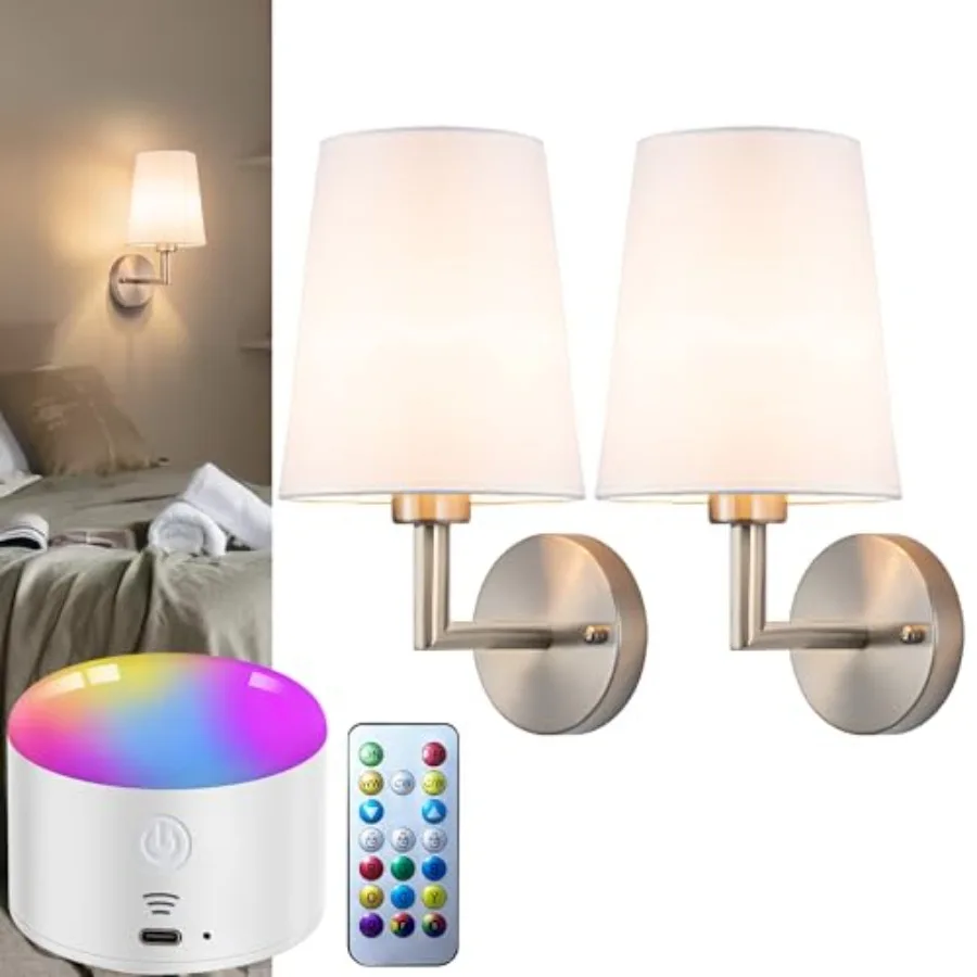 

Battery Operated Wall Sconces Set Of Two, 10000mAh Rechargeable Wireless Wall Lights with Remote Control, 10 RGB Dimmable Sconc