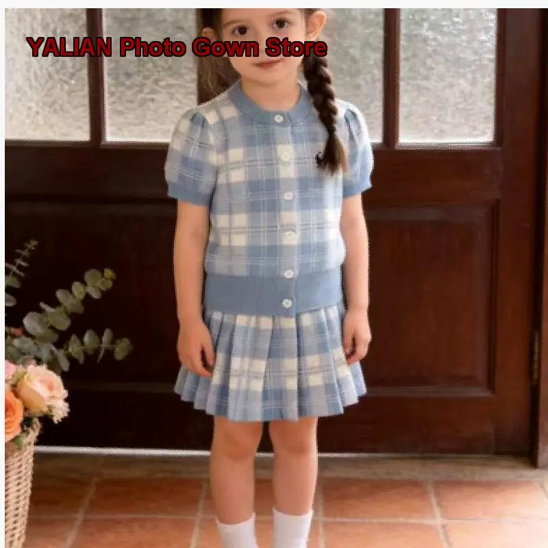 Girls Knit Top Kids Summer Geometric Pattern Single-Breasted Button Front Short Sleeves Fashionable