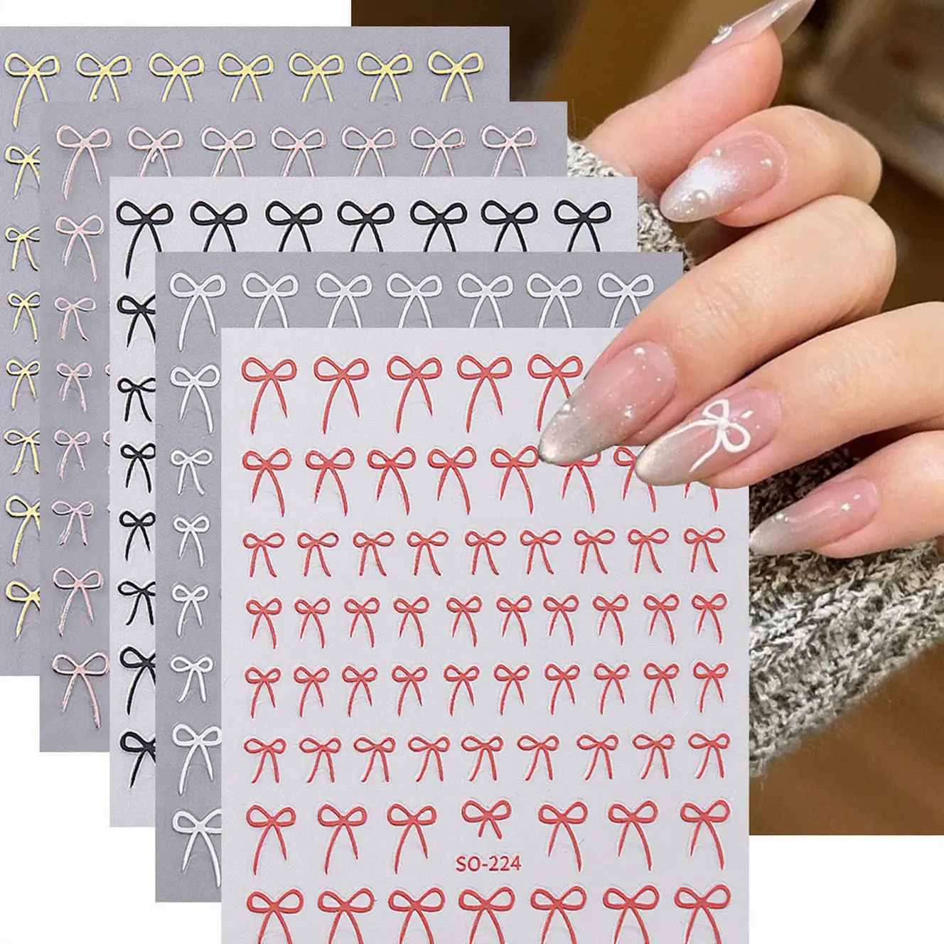 8pcs Mixed Color Bow Nail Art Stickers 3D Cute Red Black Pink bowknot Nail Charms Foils Y2K Gold Laser Effect Bow Manicure Decor