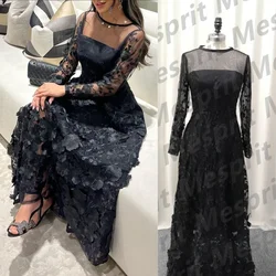 Vestido de graduación de encaje con tirantes finos para mujer, manga larga, manga larga, para ocasiones especiales