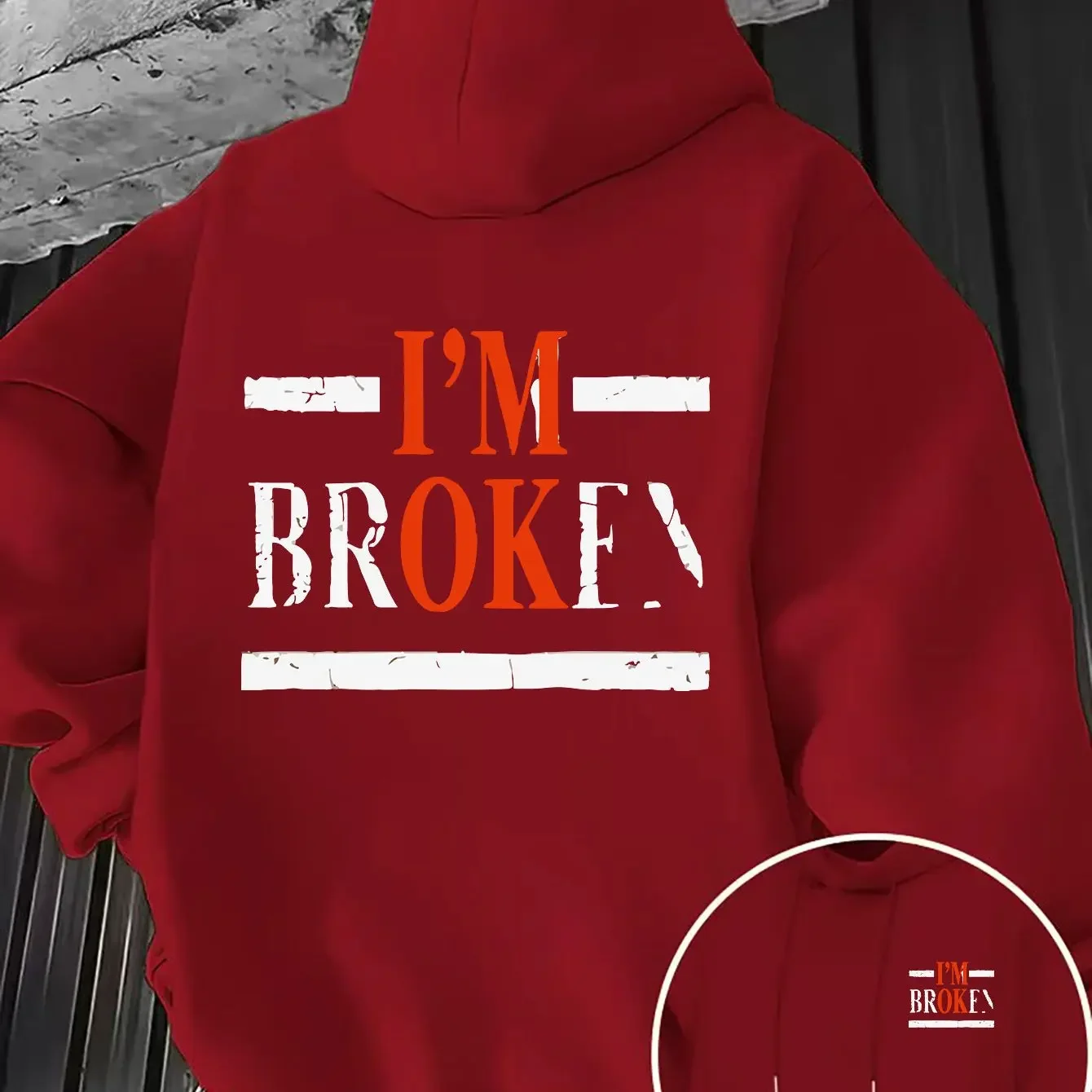 American Retro Distressed I'm Broken Letter Double Sided Print Oversized Unisex Fleece Hoodie Loose Streetwear Pullover