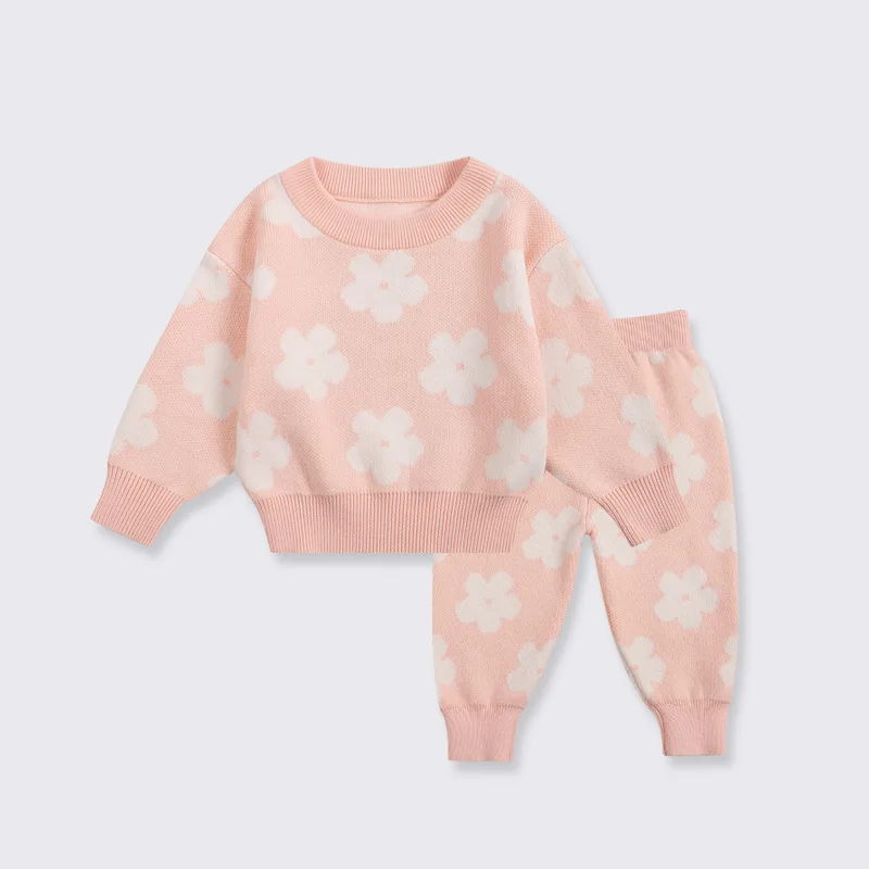 100% Cotton Autumn Winter Baby Girls 2PCS Clothes Set Floral Print Round Collar Knitwear Elastic Pants Suit Newborn Girl Outfits