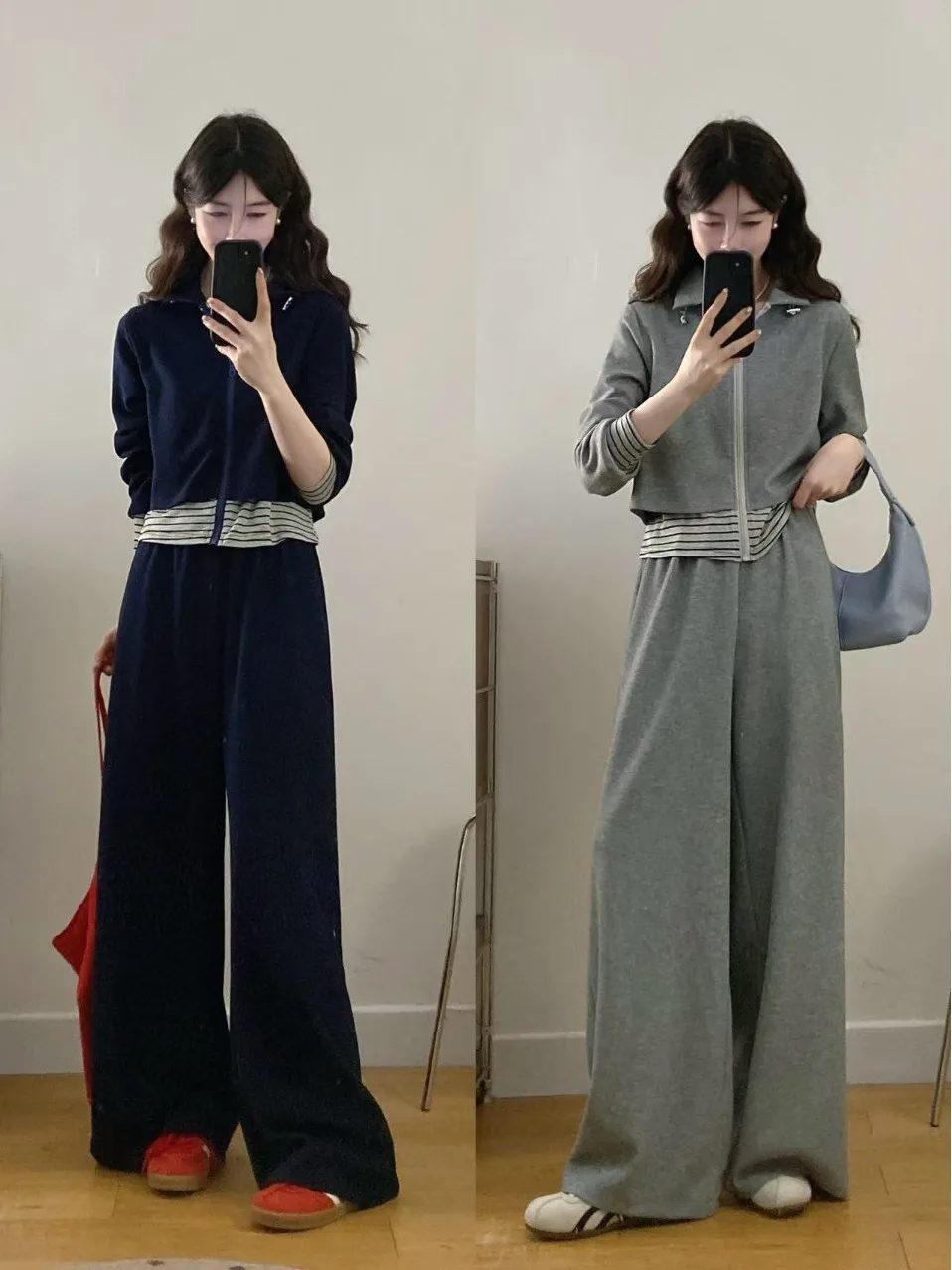 

Модный комплект больших размеров для женщин: весенняя новинка, полосатый дизайн, имитация двух предметов, широкие брюки, комплект из двух предметов.