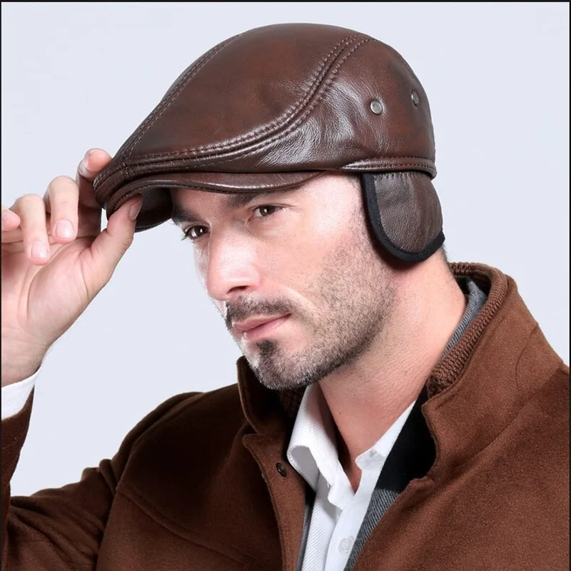 100% Cowhide Genuine Leather Men\'s Berets Ear Protection Cap Classic Casual Hat Best Gift for Dad Husband Boyfriend