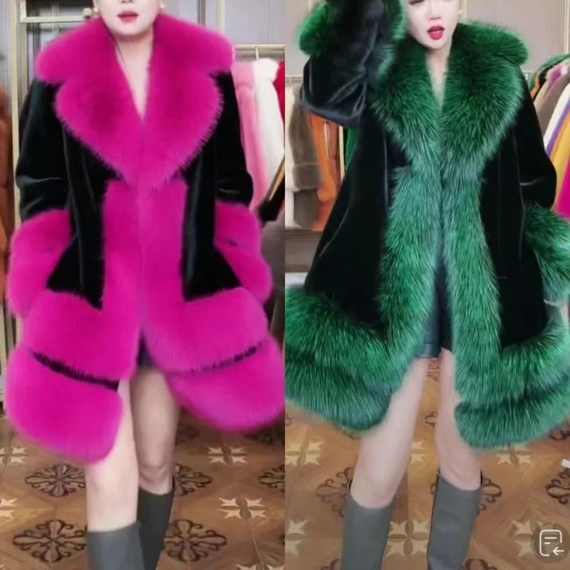 2023 Fashion Elegant Warm Thick Faux Fox Fur Socialite Big Fur Collar Coat Mink Furry High-End Overcoat Jackets Women's Clothing