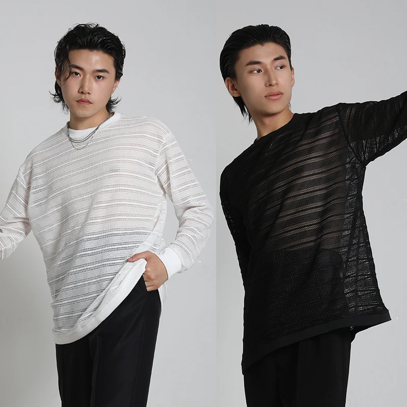 

Male Latin Dance Clothing Round Neck Long Sleeves White Black T Shirt Hollow Striped Tops Men Cha Cha Salsa Dance Wear DNV25514