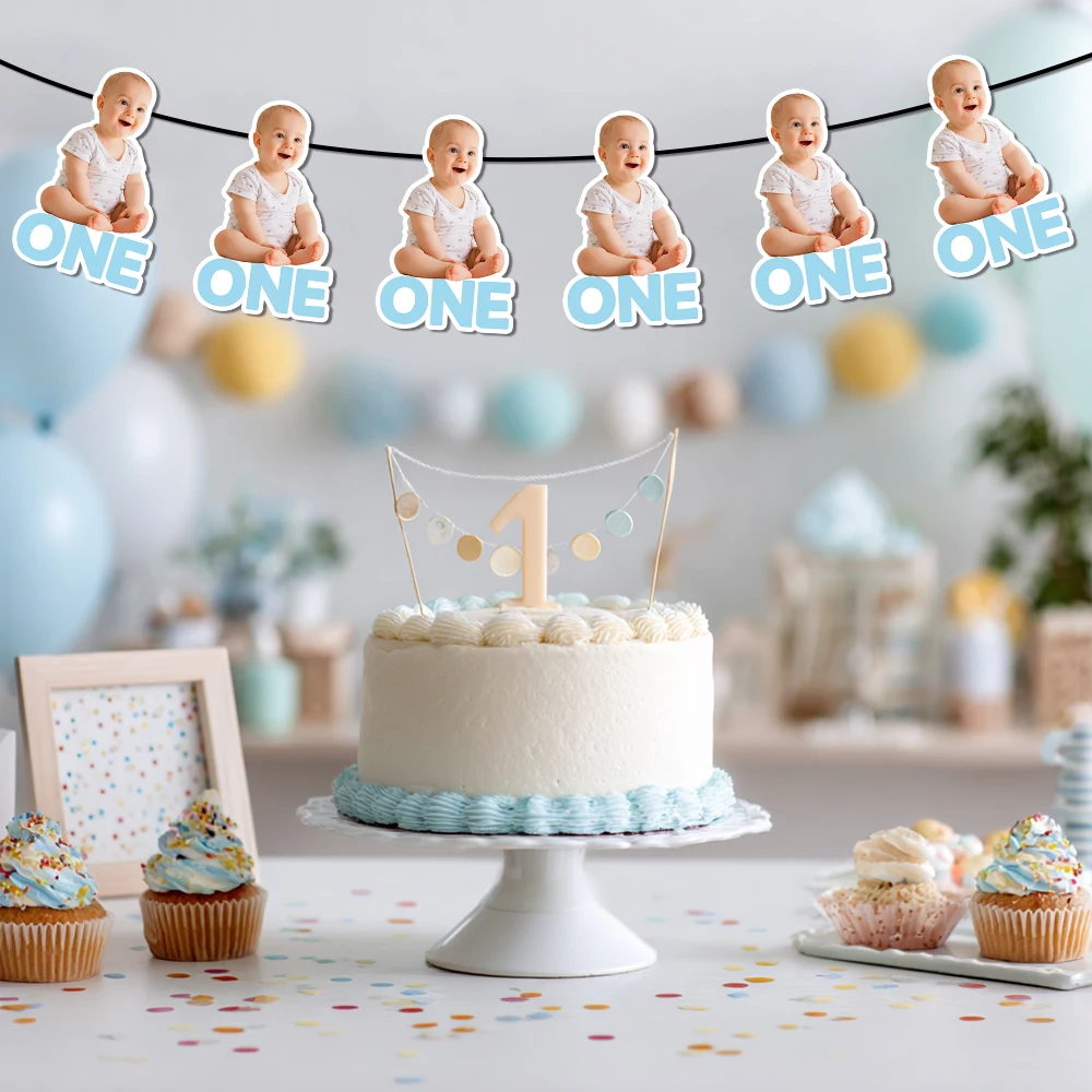 8-teiliges Individuelles 1. Geburtstag Foto-Banner, Personalisiertes Baby-Gesicht Foto-Wimpelkette, Kleinkind Einjähriges Geburtstags-Party-Dekor – Detail 1