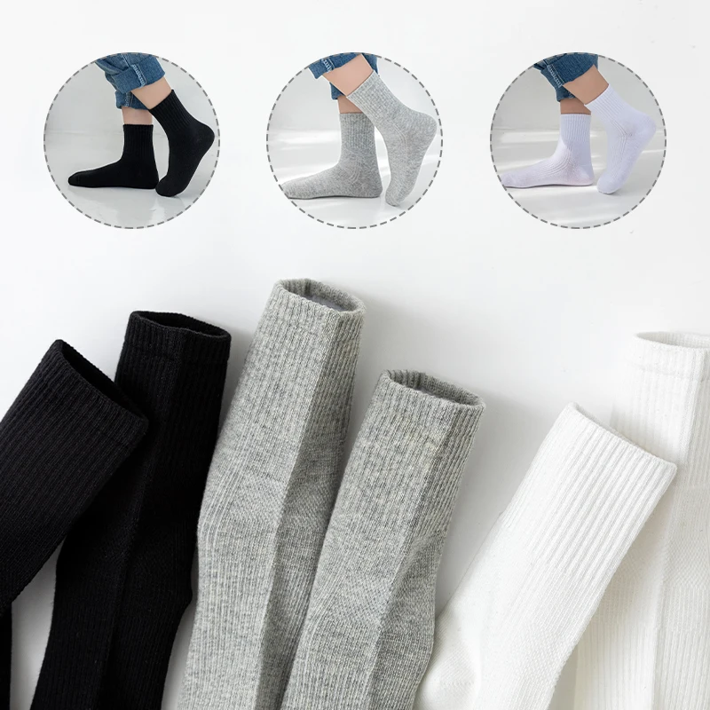 5 Pairs Child Middle Tube Socks For Baby Solid Color In White Black Gray Streetwear Harajuku Fashion Breathable and Casual Socks