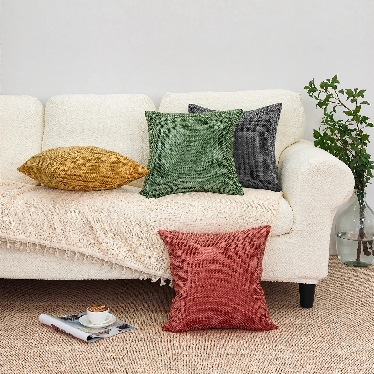 1PC Chenille Knitted Throw Pillow Cover Cross-Stitch Design Simple Solid Color Square Sofa Cushion Cover 40x40/45x45/50x50/60x60