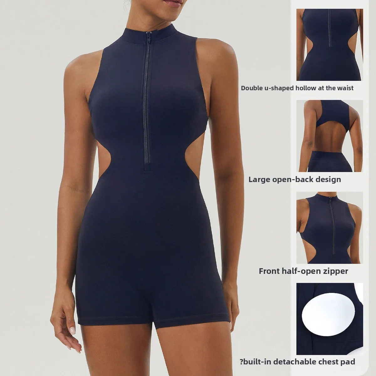 Women Half Zip Stand Collar Yoga Jumpsuit Cutout Sides Open Back One Piece Shorts Bodysuit Gym Pilates Workout Sports clothes