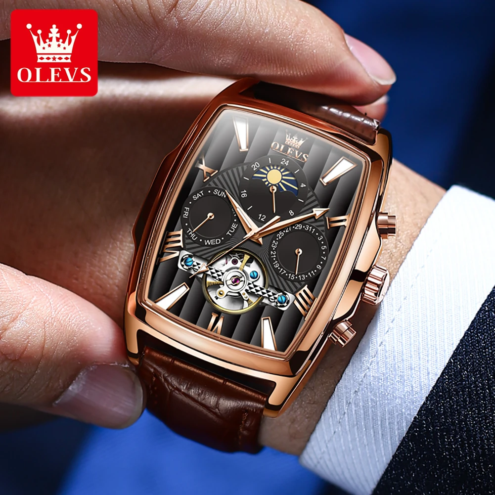 ساعة OLEVS 6675 ميكانيكية عصرية هدية من الجلد الطبيعي وحزام ساعة يد بمينا أسطواني وتقويم عرض الأسبوع