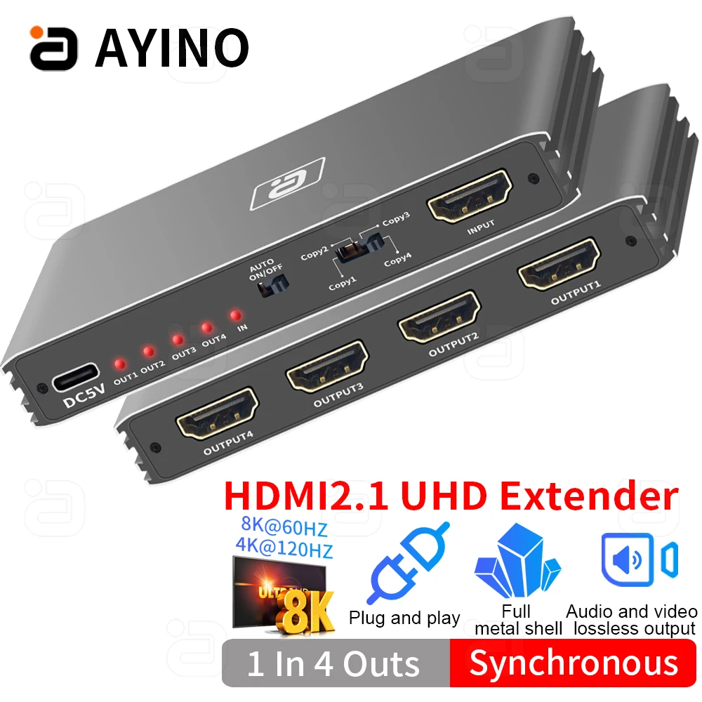 

HDMI2.1 Splitter 1x4 8K@60Hz, 4K@120Hz 48Gbps HDCP2.3 1 in 4 Out for 4 Ultra HD Synchronous Display and Mirror Mode